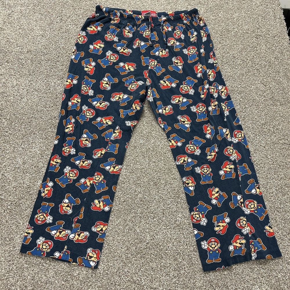 Nintendo Pajama Pants Mens XL Blue Flannel Mario Sleep Lounge Button Fly Print